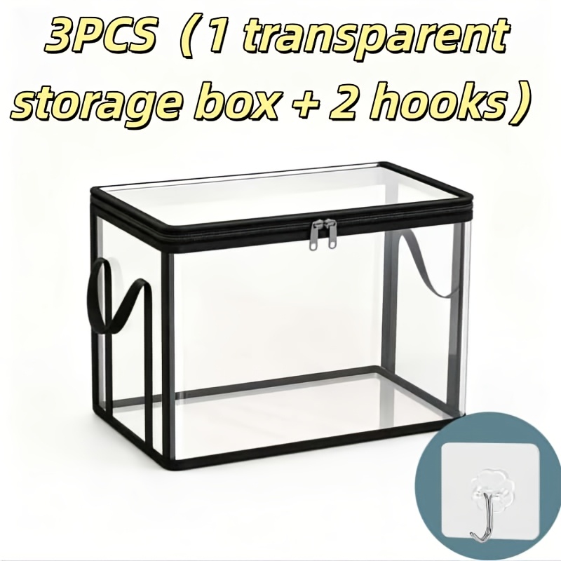 TEMU 3pcs Set (1 Transparent Large-capacity Wardrobe Storage Box + 2 Transparent Hooks) - Household Miscellaneous Organizer, Book Storage Box, Home