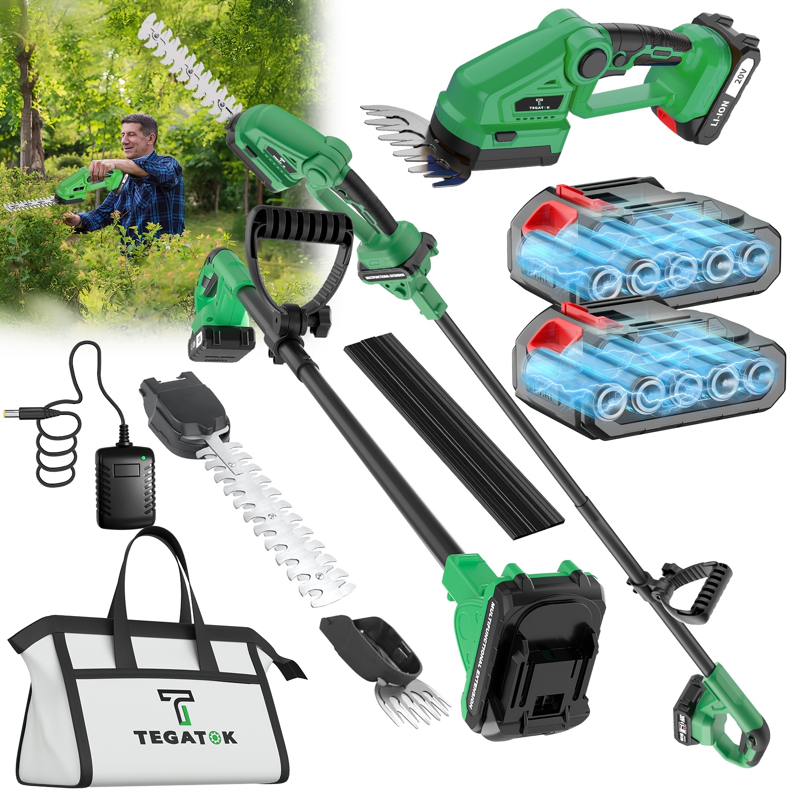 TEMU Taille-haie électrique fil 20V | Coupe-bordures électrique 2-en-1 avec 2 batteries rechargeables et chargeur | Idéal pour la taille des haies de