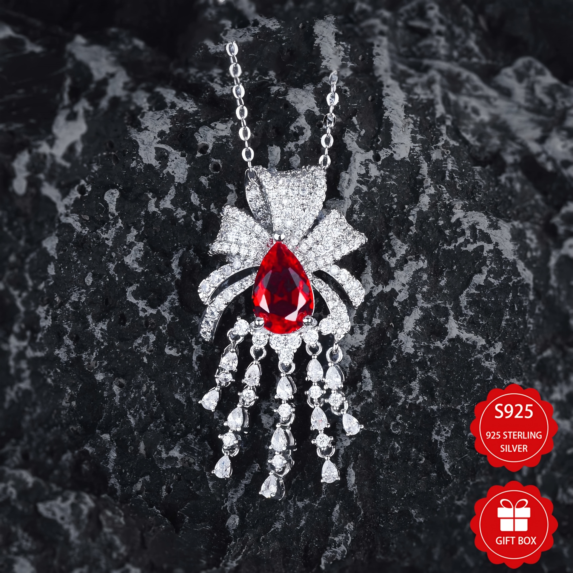 Image of S925 Silver Luxury High Super Bow Pendant, A Tassel Red 5a Zirconia Necklace Pendant Suitable For Gifting And Daily Wear