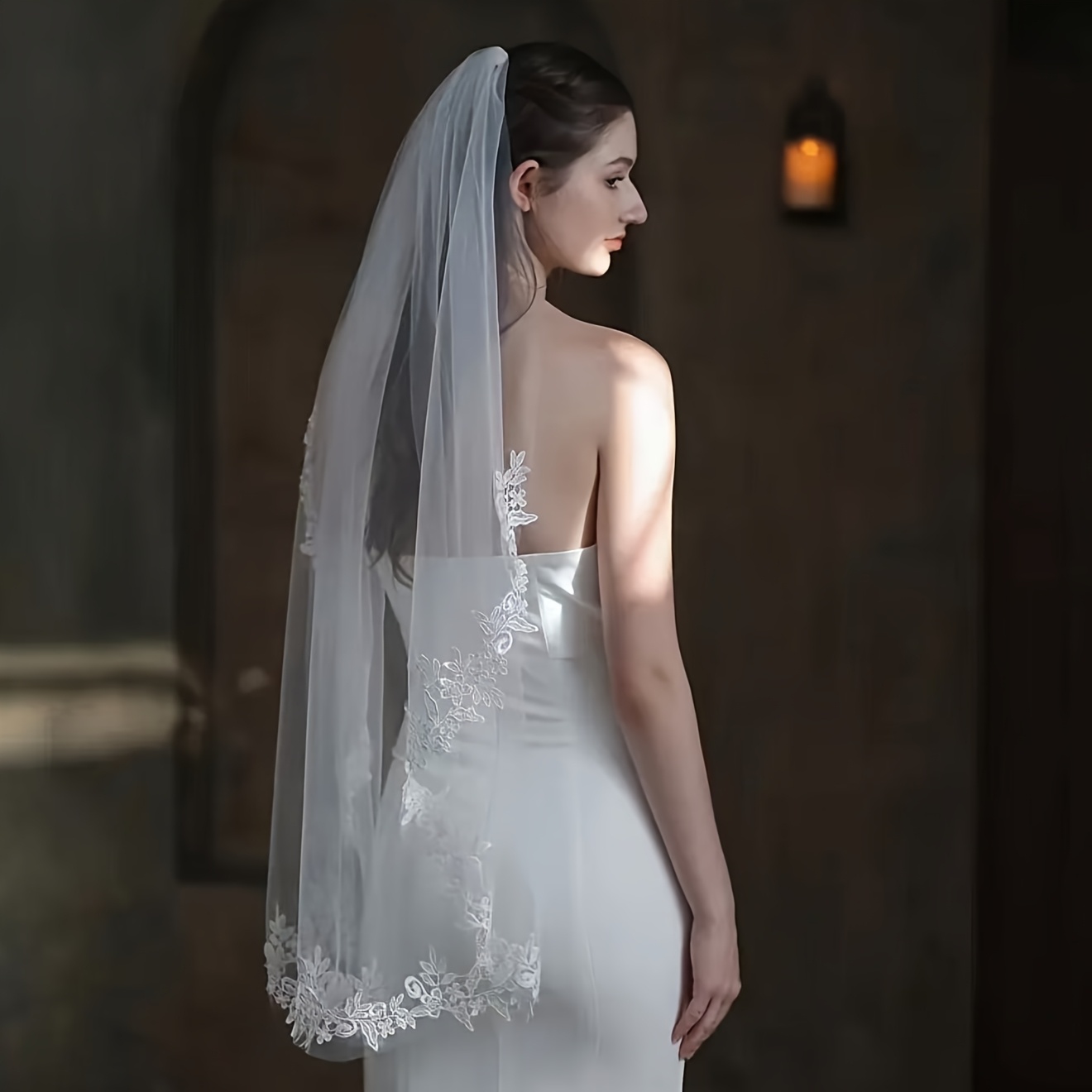 TEMU Fashionable New Elegant High Quality, Single Layer Water Soluble Lace Bridal Veil Wedding Accessory Party Marriage Jewelry