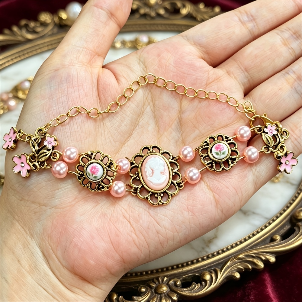 TEMU Style Pink Faux Pearl Relief Bracelet, Vintage Victorian Silhouette Wristband, With Rose Floral Pendant, Women's Fashion Retro Jewelry, Suitable