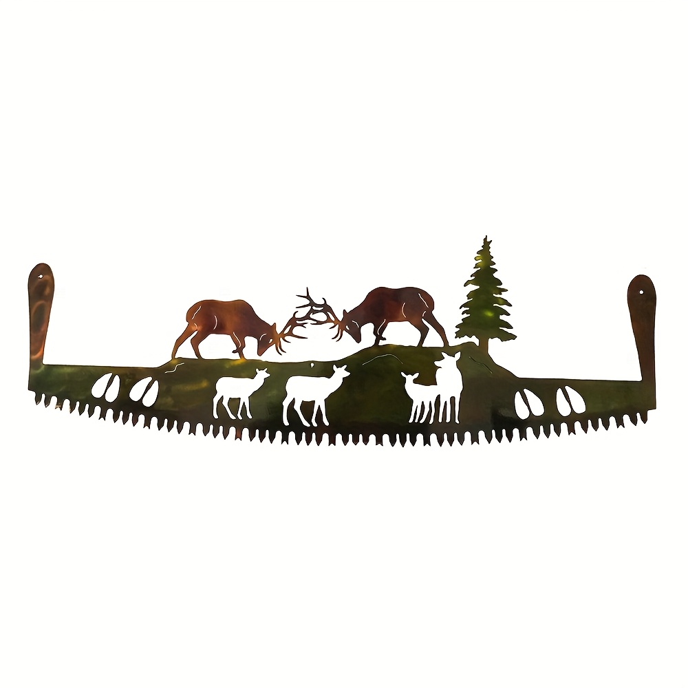 TEMU 2d Flat - 1pc Of 2d Flat, Saw Blade Of Bear, Deer And Deer Family Metal Wall Art, Gradient Polishing , Suitable For Home, Indoor, Living Room,