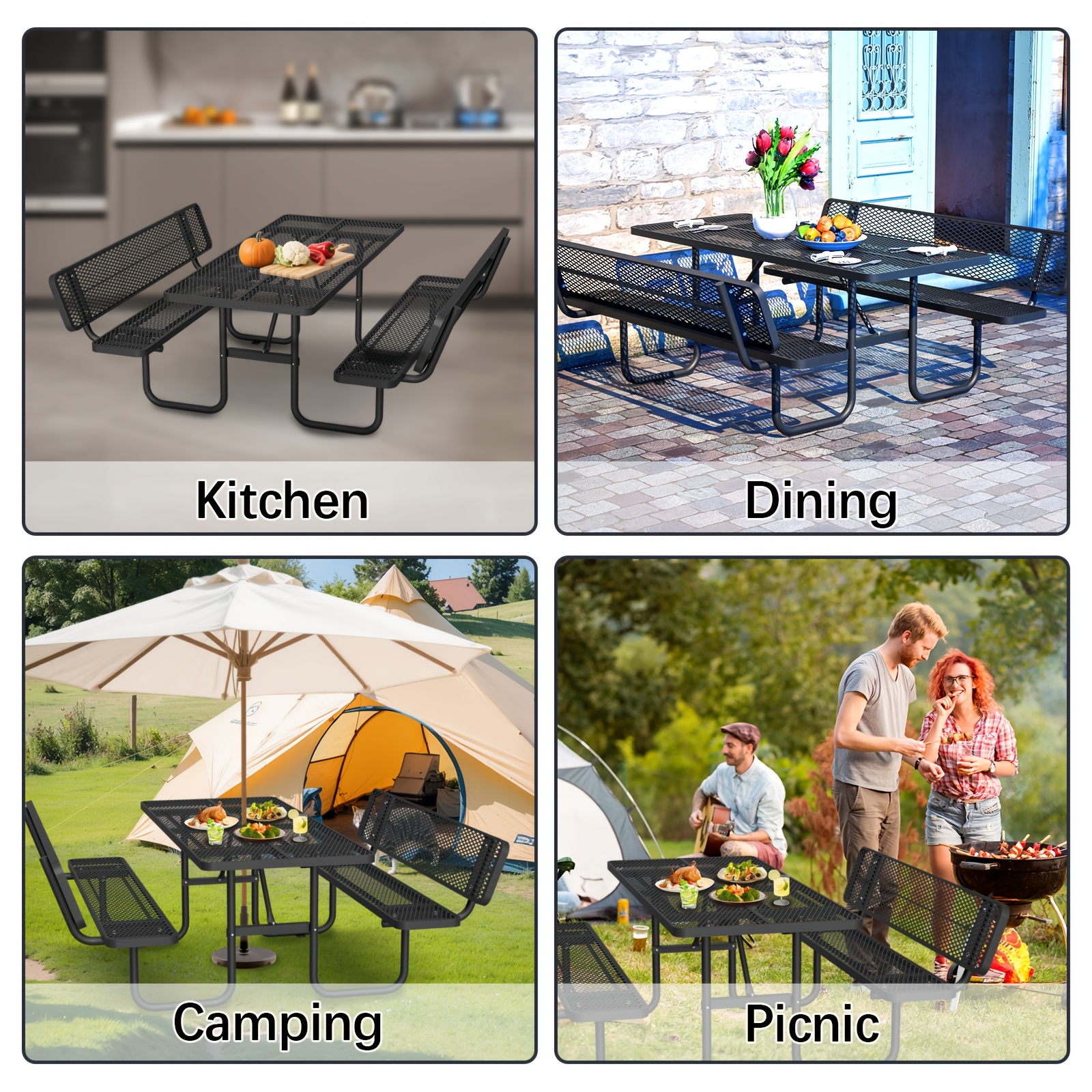 6-Person Outdoor Round Iron Picnic Table with Built-in Bench and Umbrella Hole, Suitable for Gardens, Courtyards, Patios, Lawns, Etc.