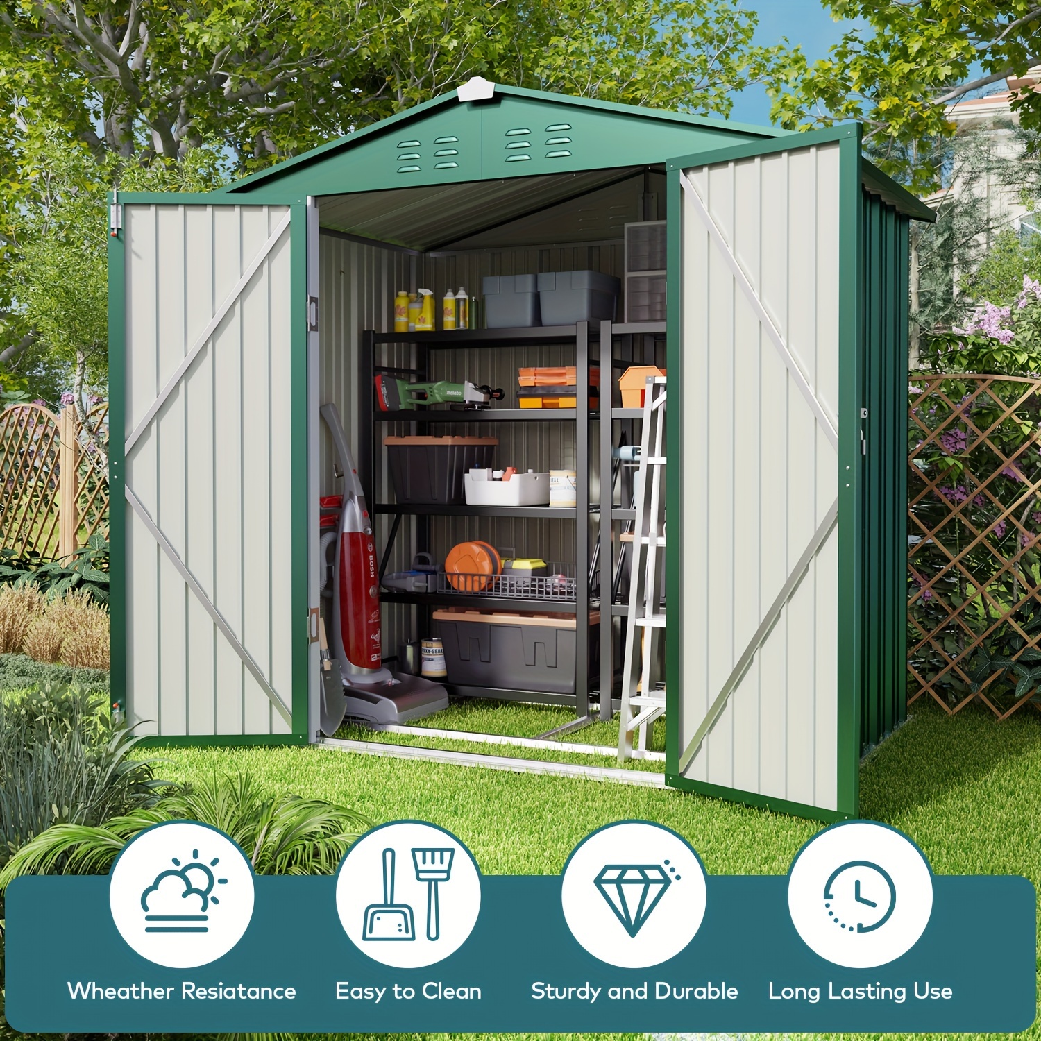 

8' X 6'/6'×4' Outdoor Storage Shed With Sliding Doors, Metal Garden Shed With Anchors, Tool Shed With Transparent Panel Windows, Outdoor Storage Clearance For Backyard, Patio