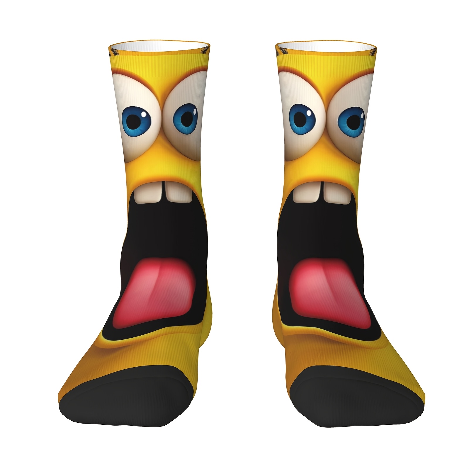 TEMU A Pair Of Unisex Outdoor Sports Socks, With A Fun And Quirky Design Of A Yellow With Wide- And Mouth, Teeth And Tongue, Machine Washable,