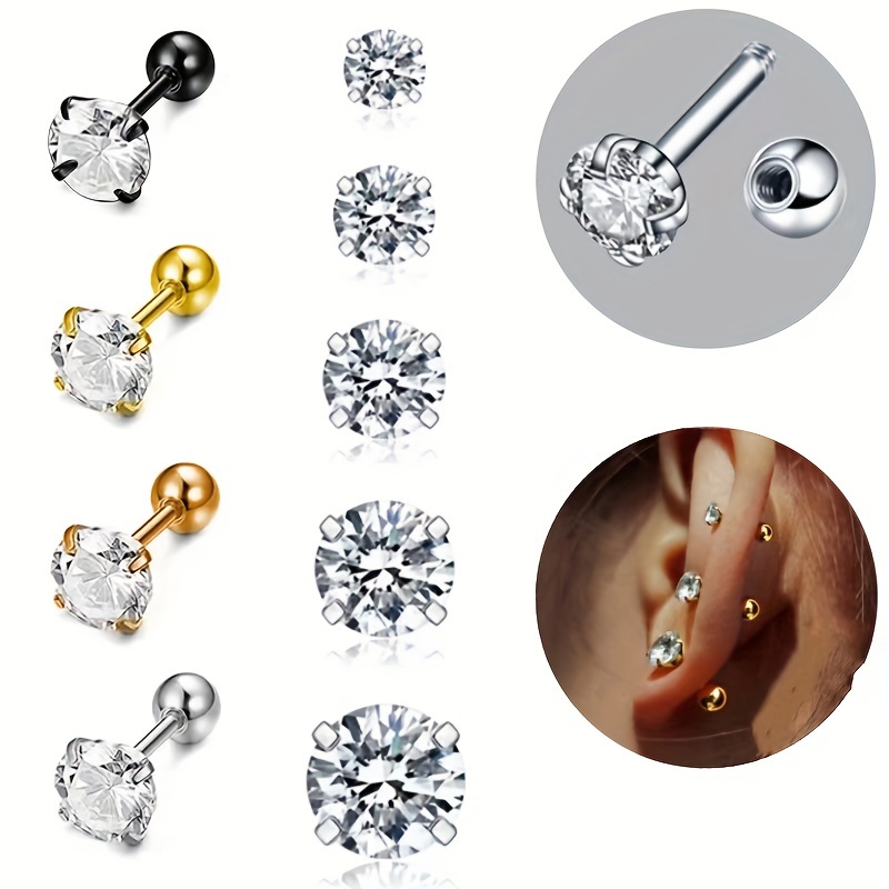 Cubic Zirconia Stud Earrings for Men, Threaded