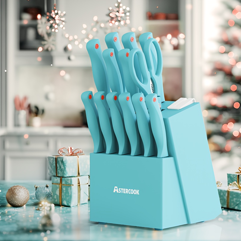 

Knife Set, Astercook 14pcs Kitchen Knife Set, Knife Set With Built-in Sharpener Block, Dishwasher Safe, Teal