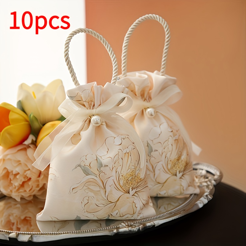TEMU 10pcs Flower Bundle Candy Bag With Pearls And Ribbons - Exquisite Pattern, Handheld Design, Suitable For Weddings, Baby Baptisms, Birthdays, And
