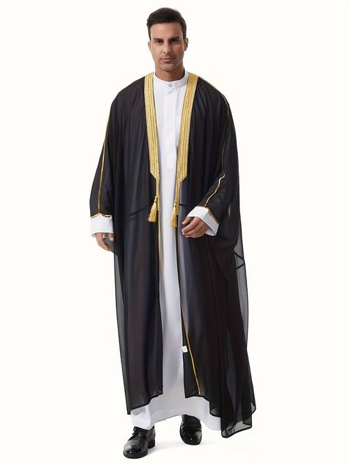 th844 muslim mens long sleeve open cardigan robe arab middle eastern saudi mens embroidered lace tassel chiffon outer wrap tassel long shirt