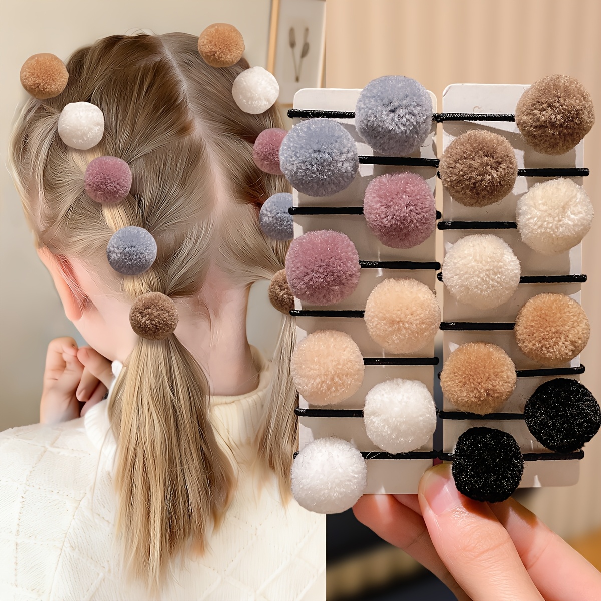 TEMU 16pcs Autumn Winter Fluffy Pom Pom Girls' Hair Ties, Soft Plush Ball Elastic Headbands, Morandi Color Hair Ropes, Suitable For Women And Girls'