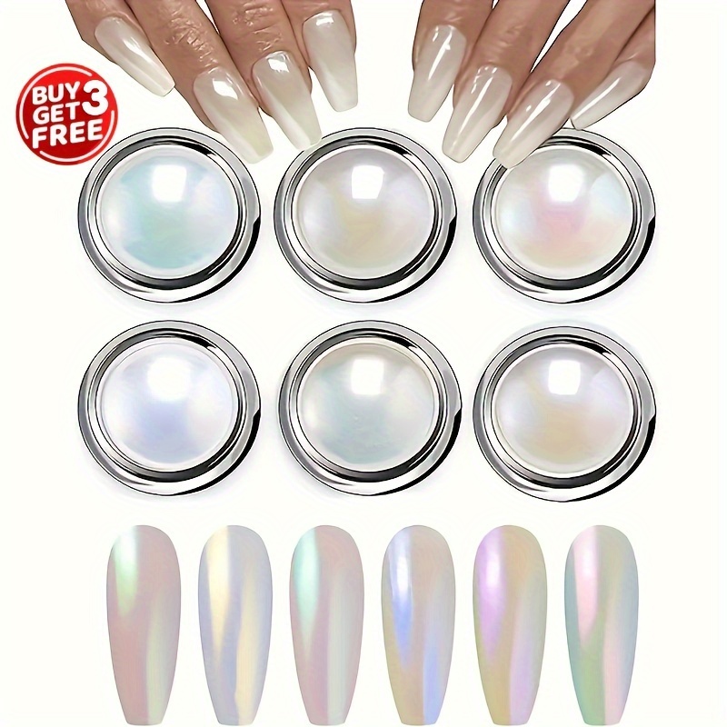 6 Pcs White Chrome Powder, Pearl Shimmer Chrome Powder With Mirror Effect,  Pearl Effect Chrome Glazed Pigment Dust