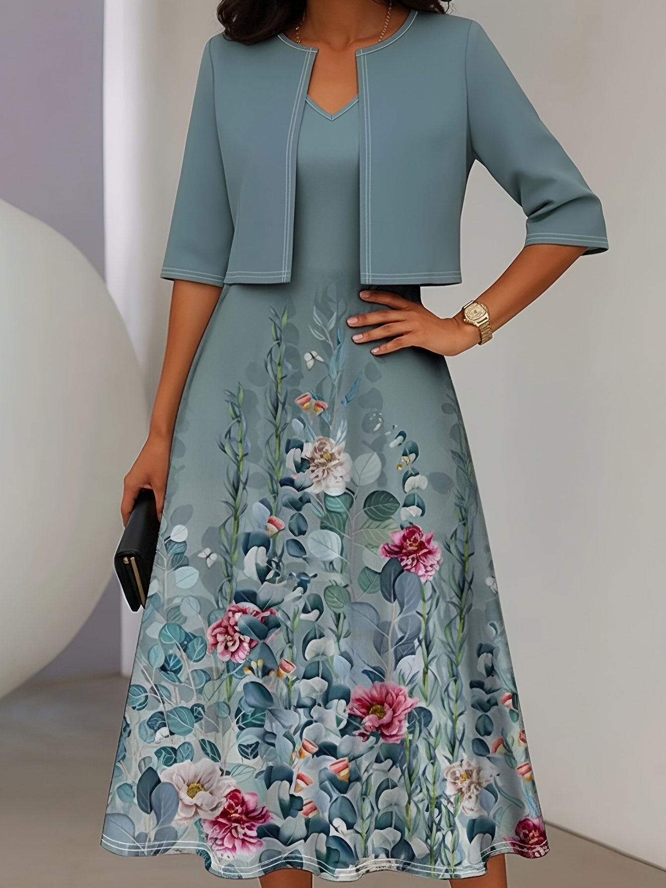 2026 floral print 2pcs dress elegant   jacket sleeveless camisole midi dress new summer and figure flattering suit versatile long dress for commuting