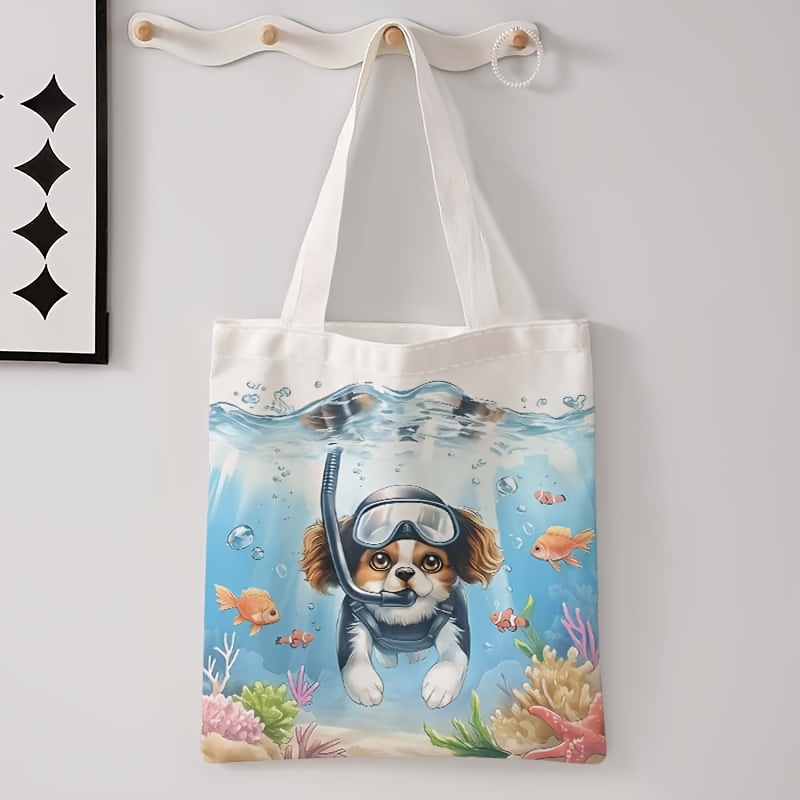Sac Fourre-tout En Toile Motif Chien - Léger, Lavable, Bandoulière - Pour Courses, Plage, Salle De Sport