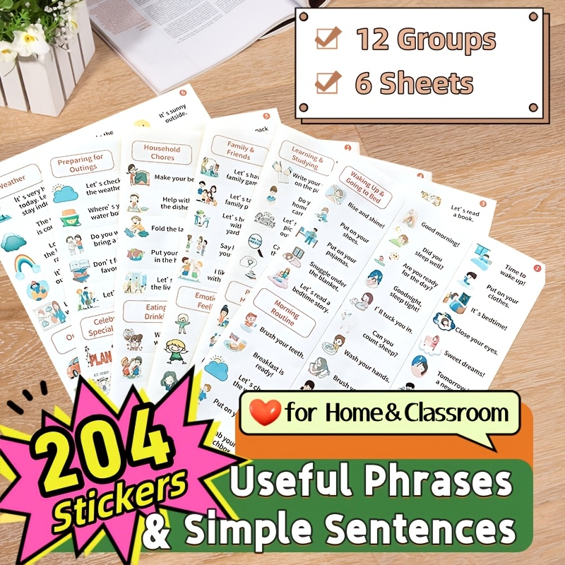 

204 Useful Phrases & Simple Stickers, English Learning Flashcards With Essential , Interactive Way To ! To Master Basic In Daily Activities