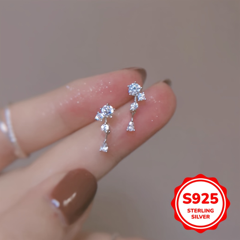 TEMU 1ga Pair Of S925 Silvery Simple Synthetic Zirconia Pendant Golden Earrings For Women Retro Fashion Trendy Tassels Earrings Birthday Daily Life Jewelry Gift