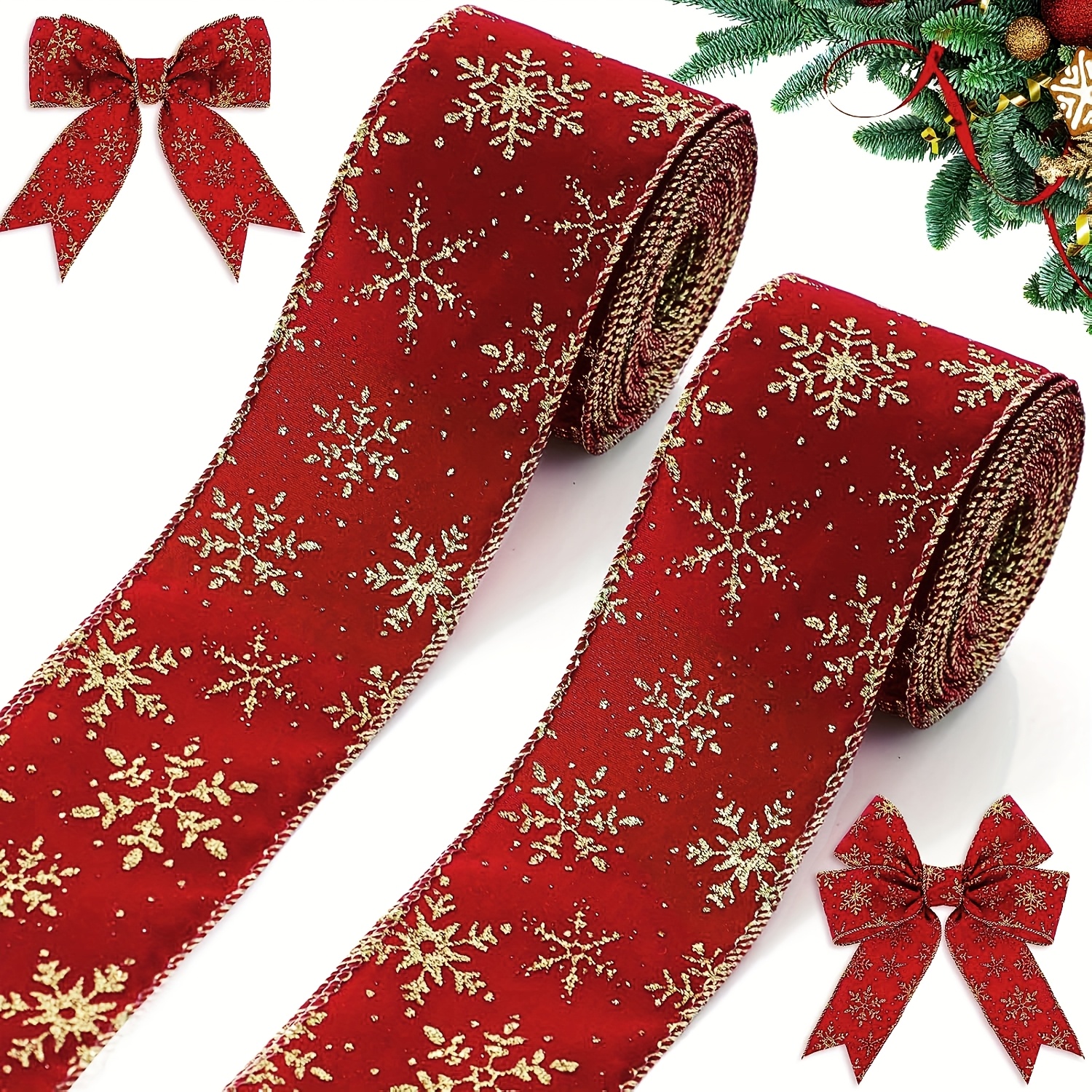 TEMU 2 Rollos de Cinta de Terciopelo de Lujo con Bordes Alambrados - de Copo de Nieve , Ancho de 2.5'' para DIY, Decoración de Coronas de Árbol de