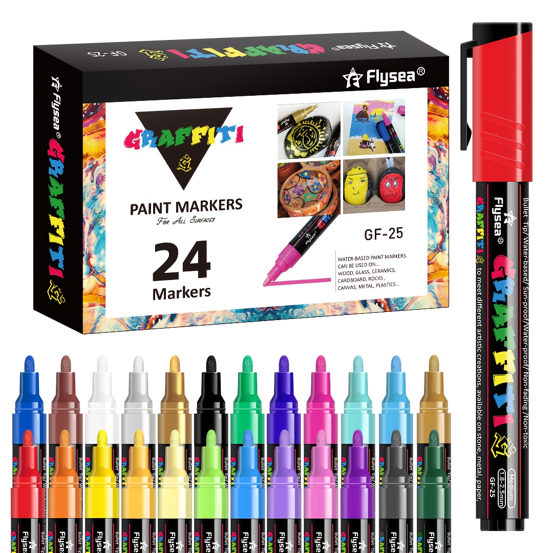 24pcs Acrylic Paint Marker Pens For Skateboard, Medium Tip Quick Drying Waterproof Marker Pen For Canvas, Rock Painting, Wood, And Stone