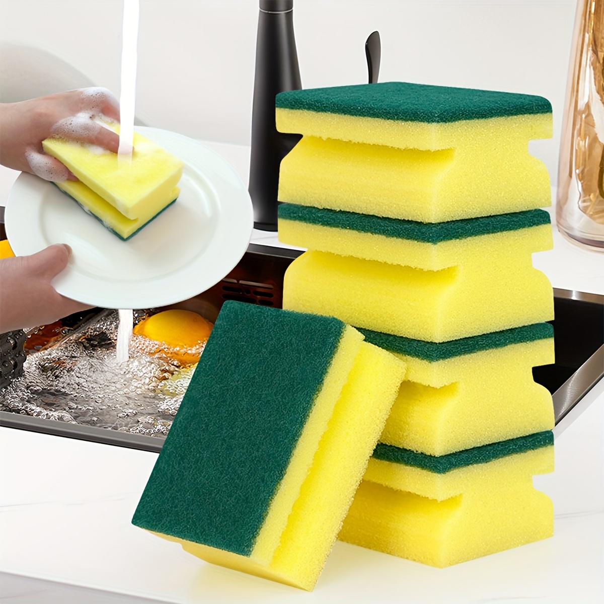 3/5/10/15pcs Green Yellow Wavy Sponge Scrub, Heavy Duty, Ergonomic Design, Easy to Grip, Super Absorbent, Rich Foam, Double Sided Grinding, Polyurethane Material, for Kitchen, Bathroom, Toilet, Living Room, Car, Restaurant, School Cleaning