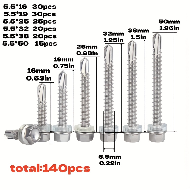 TEMU A Set Of 140pcs Of #12 Hex Head Self-tapping Screws Made From 410 Stainless Steel, Designed For Metal, With Lengths Ranging From 1/2" To 2",