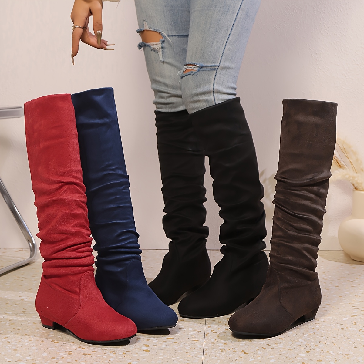 

Women's Slouchy Over-the-knee Boots - Comfortable Low Heel, Pull-on Style In Red, Navy, Black | Round Toe, Chunky Heel, Velvet Upper With Pvc Sole For Casual Wear