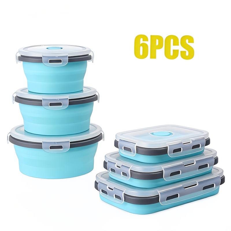 Image of 6pcs Collapsible Food Storage Containers Foldable Silicone Lunch Containers With Lids, 3pcs Silicone Rectangle Collapsible Bowls And 3pcs Round Food Bowls, Microwave Freezer And Dishwasher Safe