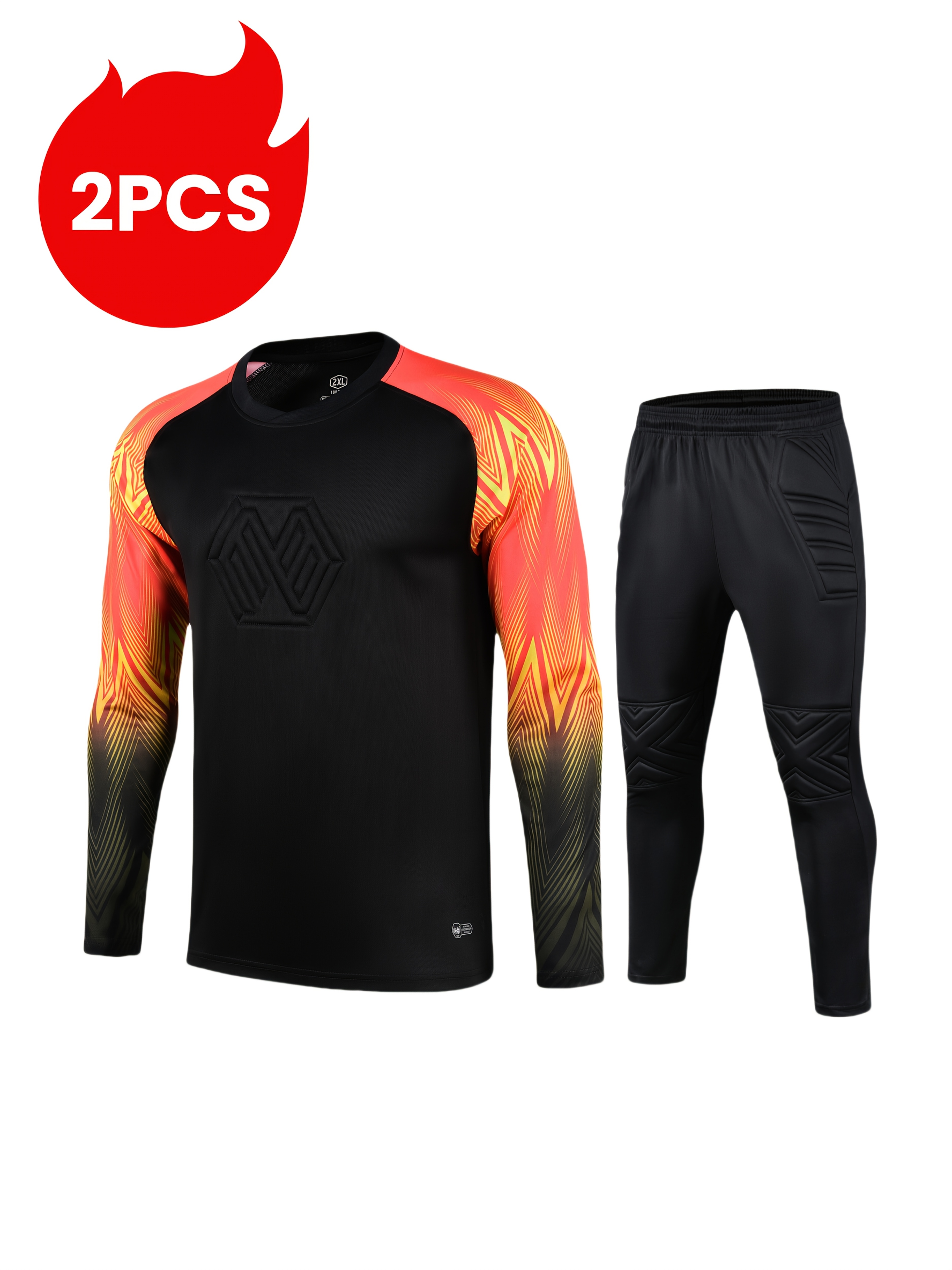 2pcs football goalkeeper top with sponge chest protectors elastane pronation control anti slip chest plastic strips training running sports colorful geometric striped breathable quick dry long sleeve t shirt goalkeeper pants training and competition activities with protective elastic breathable waist pants