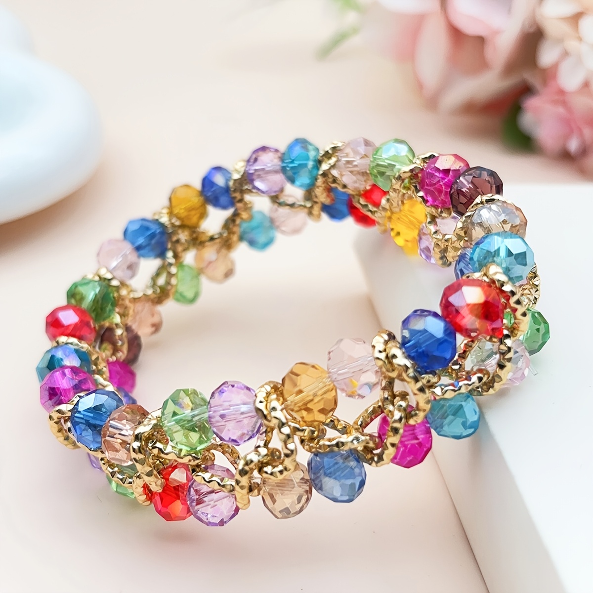 TEMU 1 handgefertigtes Perlenarmband. Exquisit verarbeitet mit doppelseitigem Design, dehnbar, geeignet für Damen zum Tragen auf Partys, Hochzeiten,