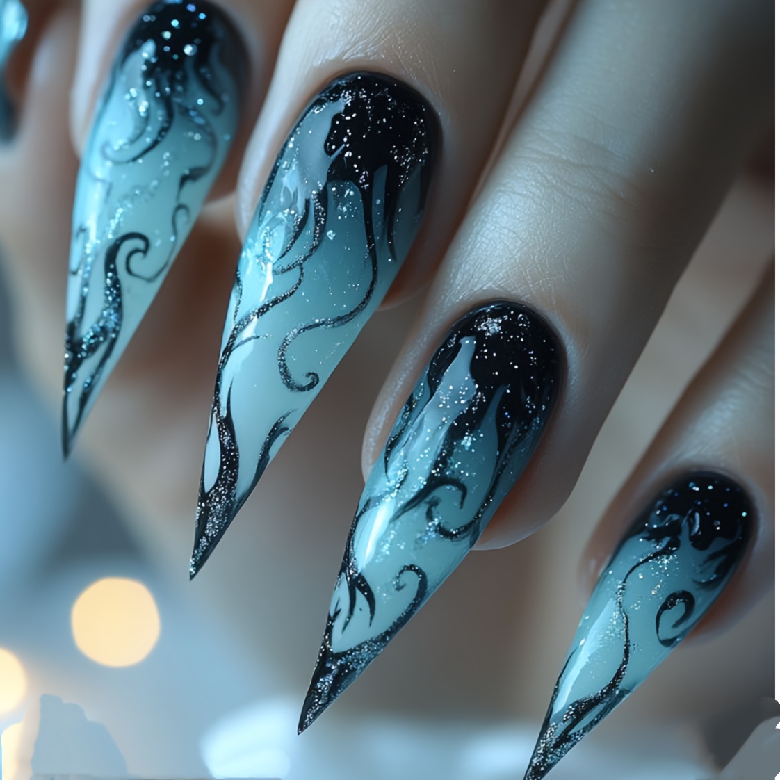 Blue And White Gradient Long Stiletto Nail Pattern Super Stiletto Nail 24pcs Detachable Nail