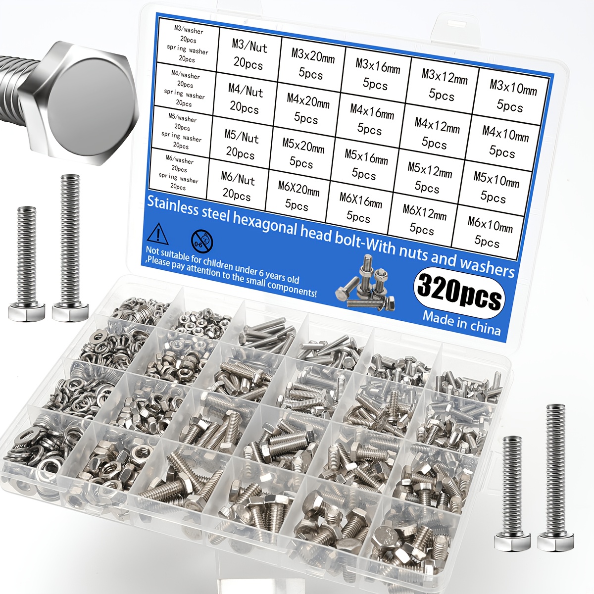 TEMU 320pcs Stainless Steel Hex Head Combination Kit, With Nuts, Washers And Spring Washers - Din933 /10.9, M3-m6 , A2/a4 Marine Grade, Metric Coarse
