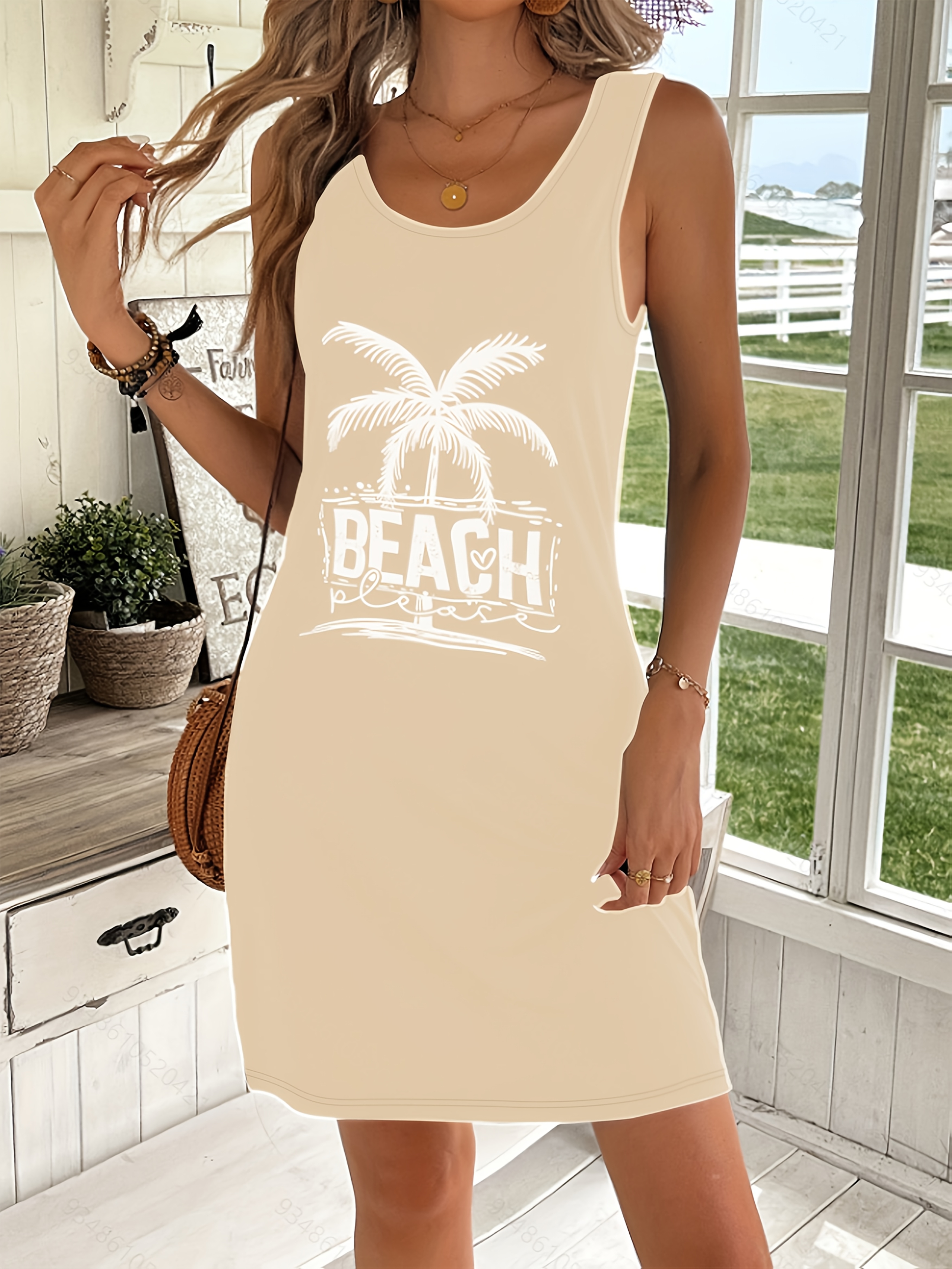 womens sleeveless u neck beach dress casual summer dress with   tree beach letter print lightweight machine washable for poolside casual   summer vacations beach accessories poolside attire comfortable fabric