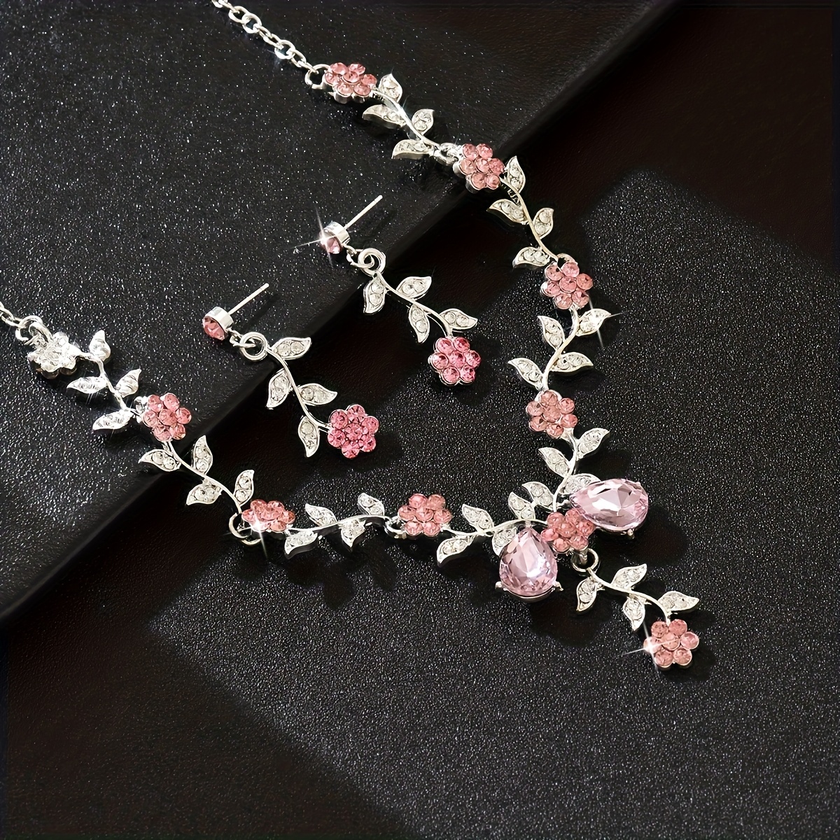 2pc Wedding Pink Necklace & Earrings Set