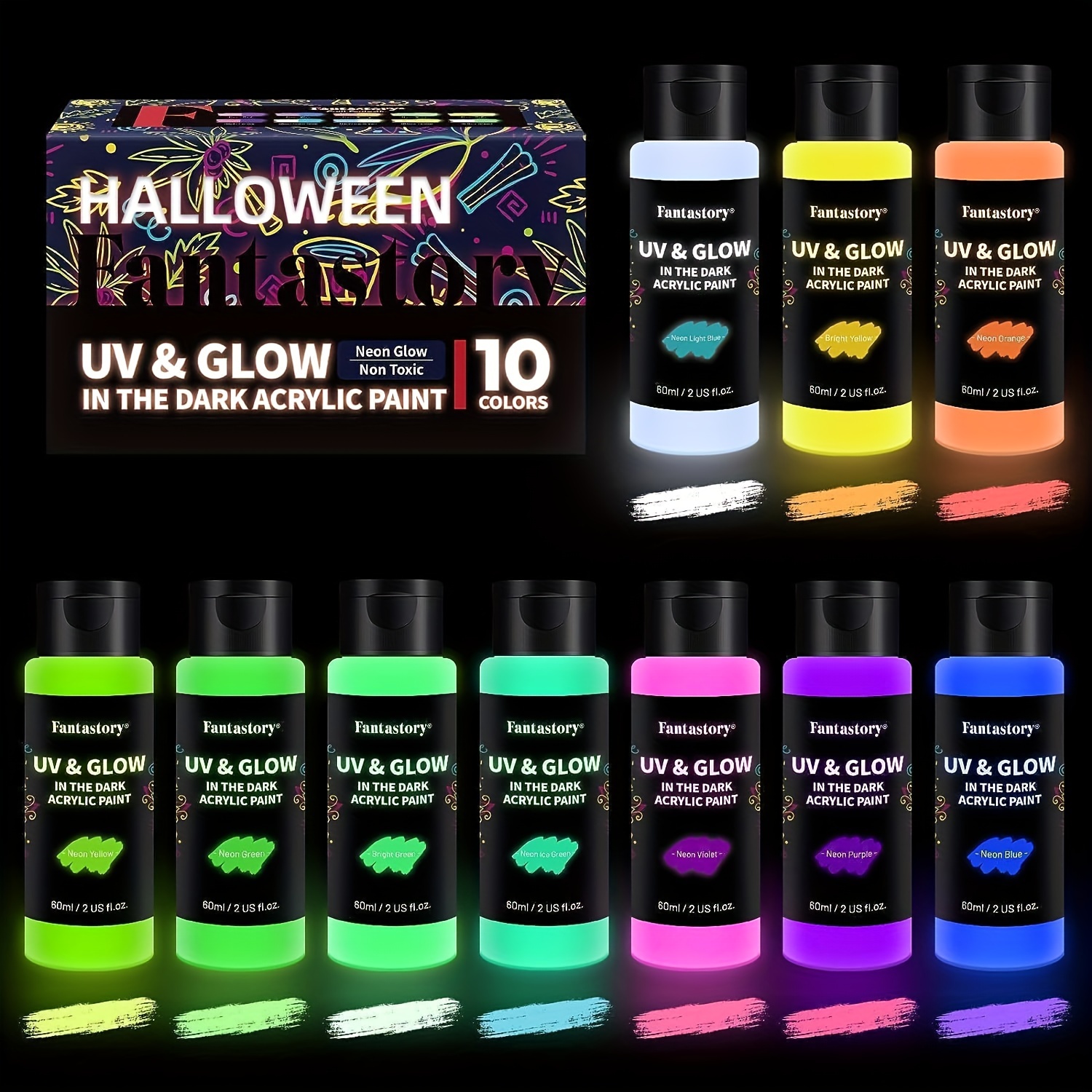 

Fantastory Glow In The Dark Paint, 60ml/2oz Neon Glow Acrylic Paints, 2in1 Paint, Charge-glow& Uv Activated For Outdoor Rocks, Diy Craft, Canvas, Holiday Decor, Christmas, Adults