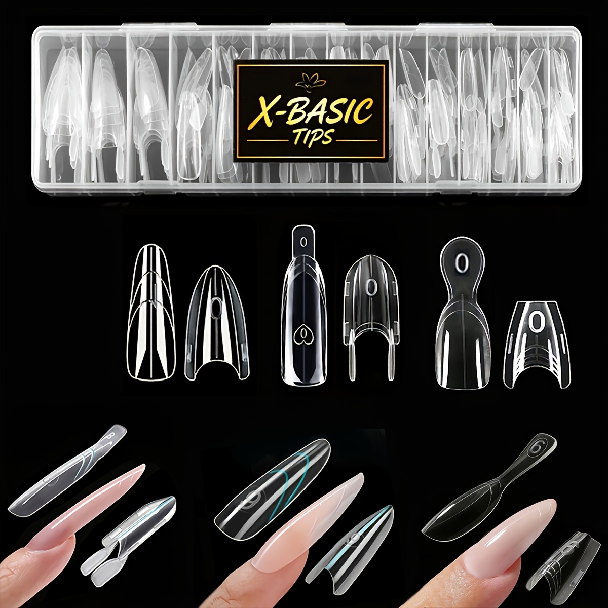 TEMU X-BASIC TIPS 샌드위치 네일 몰드 180개입, 아몬드 타원형 모양, 다양한 디자인 조합, 네일 익스텐션 도구, 보조 인터레이어 몰드, 분리형 사이즈 익스텐션 (제거 불필요), 홈 살롱 품질, 여성용 네일 익스텐션 도구