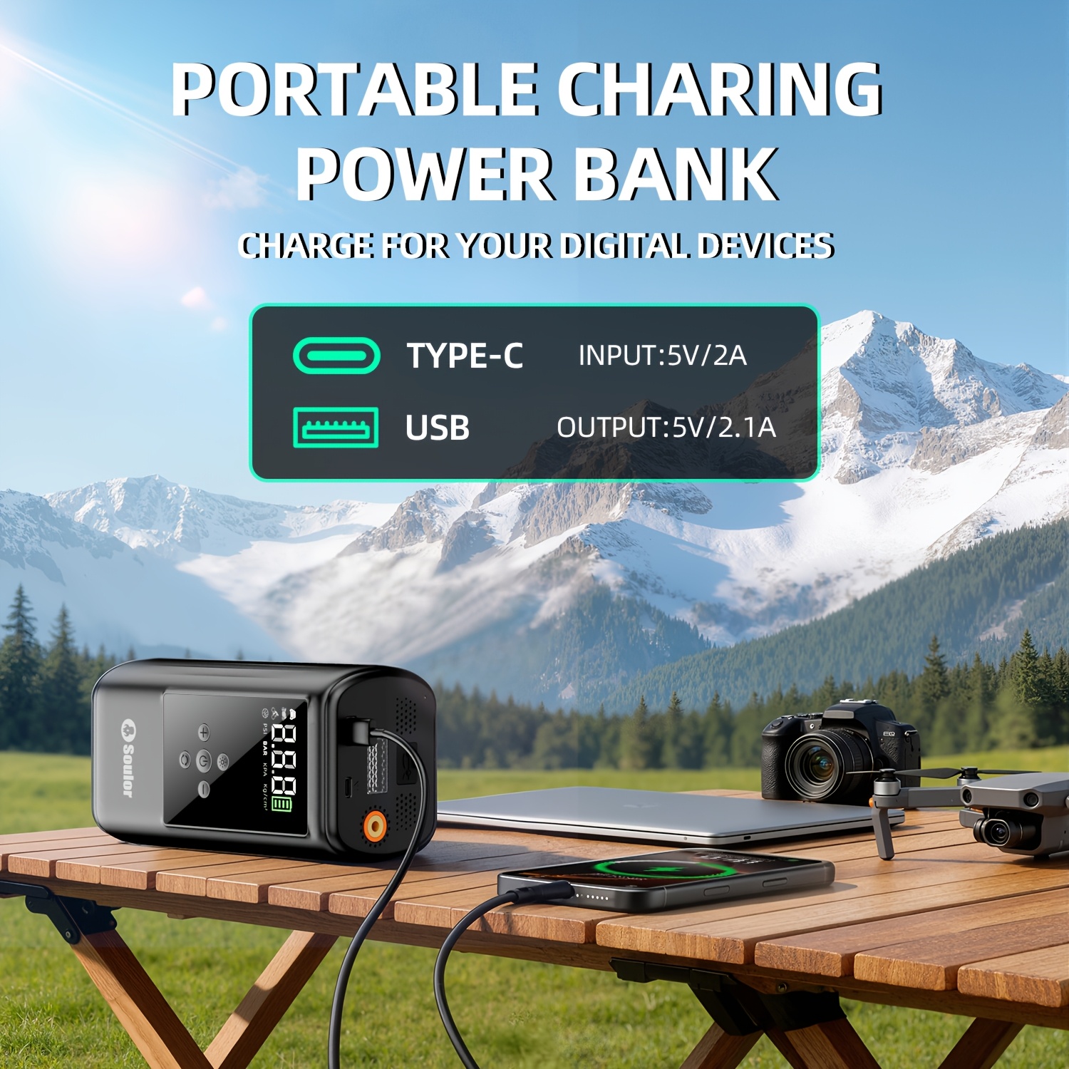Soulor Car Jump Starter, 3000A to 6000A Portable Starter Power Supply, 2-In-1 Inflatable for All-In-One Multi-Functional Upgraded Version, 12V Quick Start Car, Suitable for All Cars, LED Emergency Lights, Compass, USB Input/Output