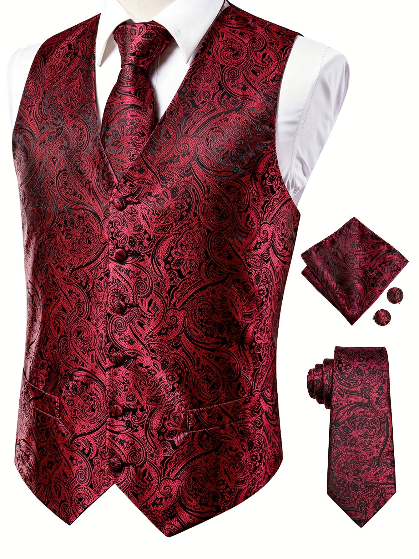 Men'S Elegant V-Neck Polyester Vest Set with Tie, Handkerchief & Cufflinks for Wedding Party - All-Season Motif Cachemire Pattern, Regular Fit, Woven Fabric, Button Detail