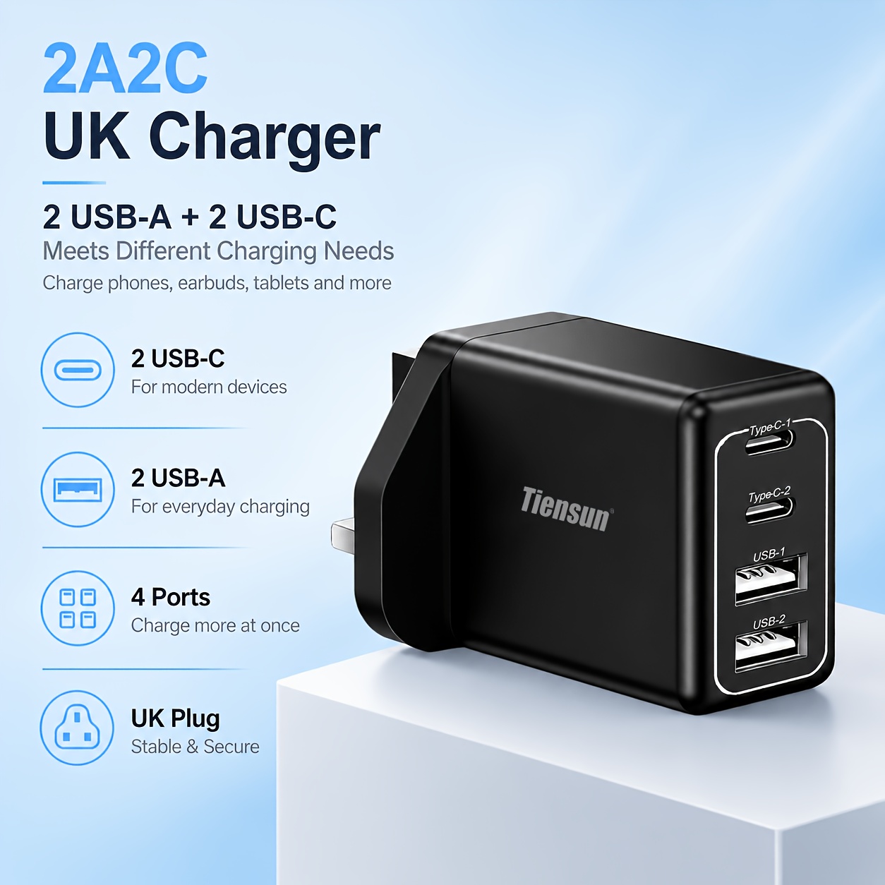 2A2C UK Plug Multi 4 USB Ports Smart Charging Block