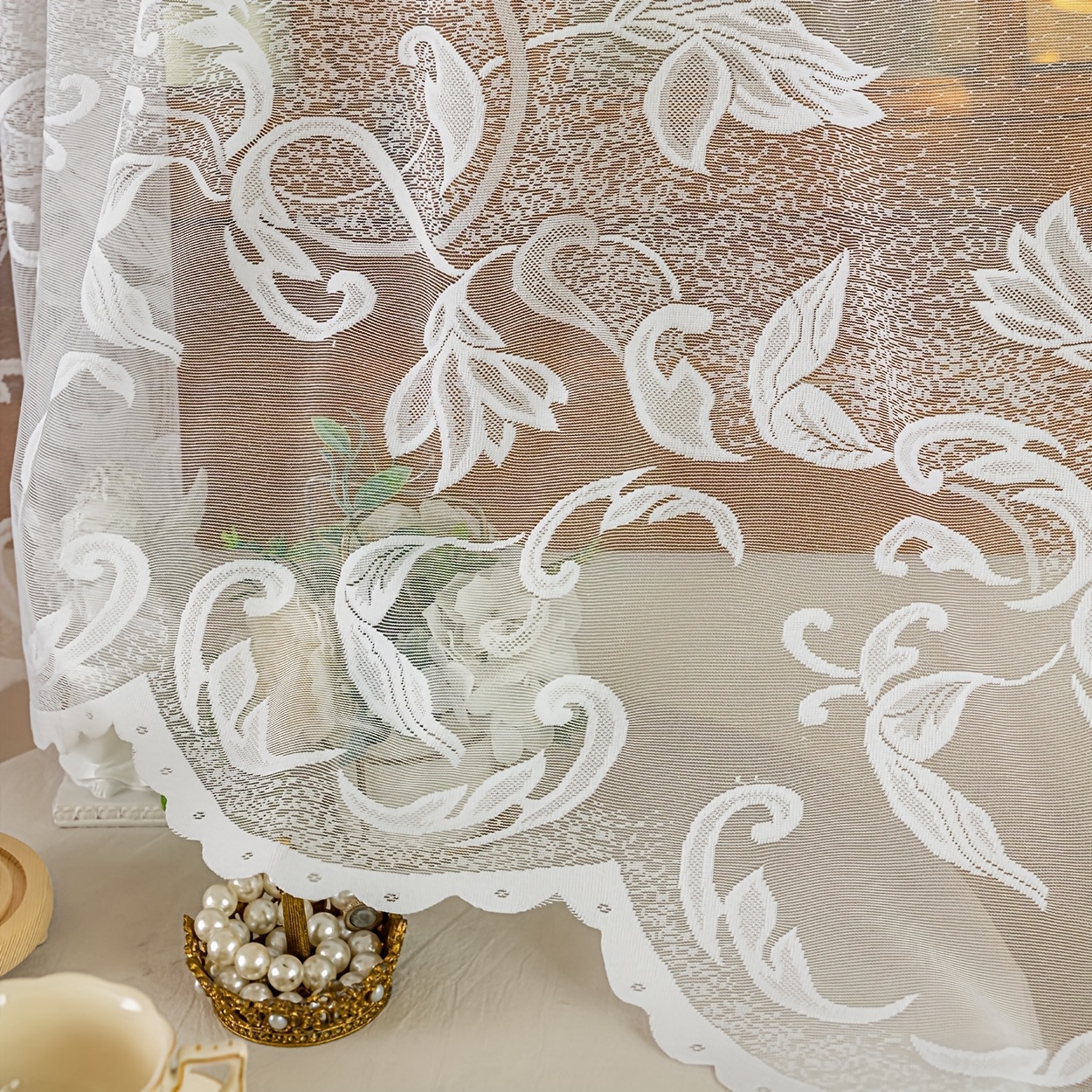 Image of European Exquisite Lace Bow-shaped Curtain Transparent Curtain (wide 118inx 63in) - Large Size, Home Decoration Transparent, Suitable For , Living Room, Kitchen, Room Decoration
