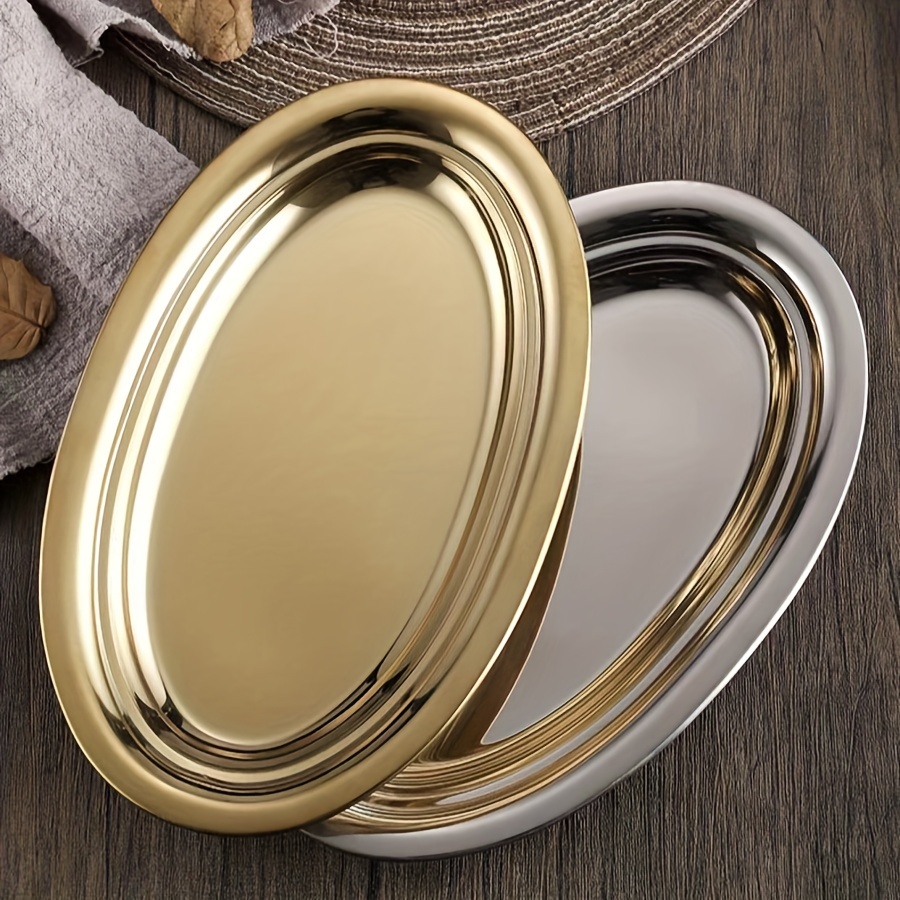 

Versatile Stainless Steel Oval Dish - Fish, Vegetables & Bbqs - Golden & Silvery Finish, Hypoallergenic, Easy To Clean