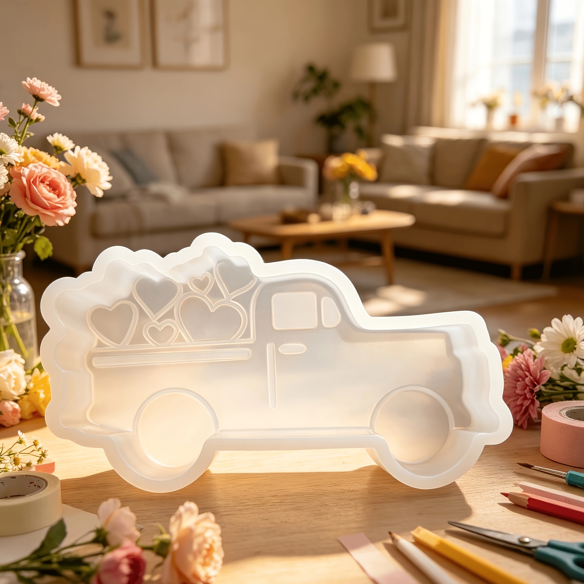 TEMU 1pc Truck With Heart Mold, Truck With Heart Candle Mold, Truck With Heart Silicone Resin Mold For Candle Soap Freshie Making Resin Gypsum Clay