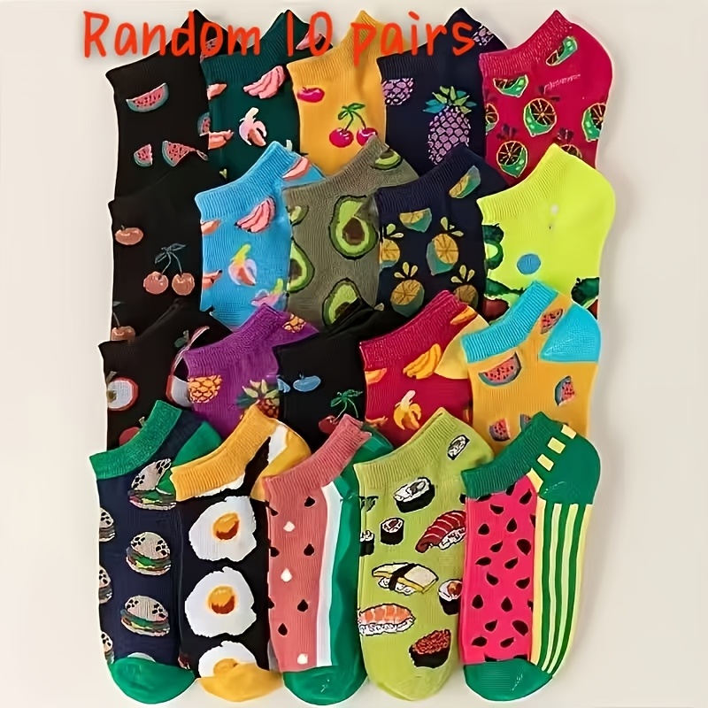 E-shop Gemischte Farben Zufällig - 10 Paar Socken im neuen Stil, dünne Unsichtbare Frucht-Söckchen für Paare, modische niedrig geschnittene Socken,