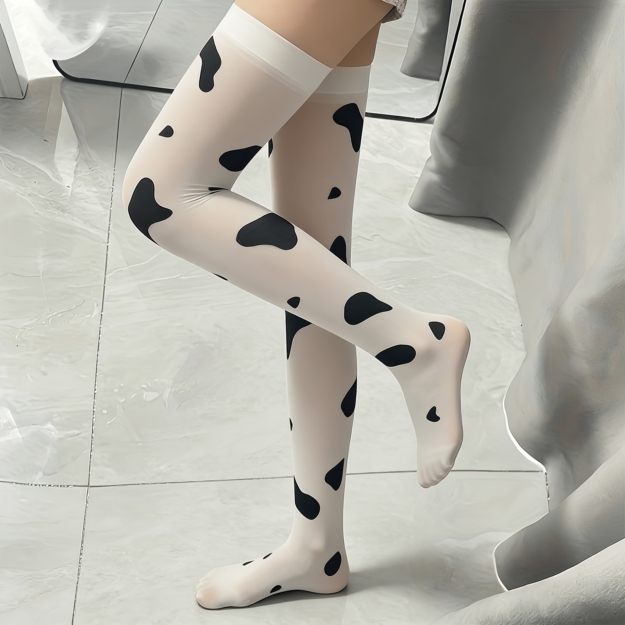 entzückende, langbeinige, milchweiße, gepunktete socken mit kuhmuster-design,   für damen und knielang