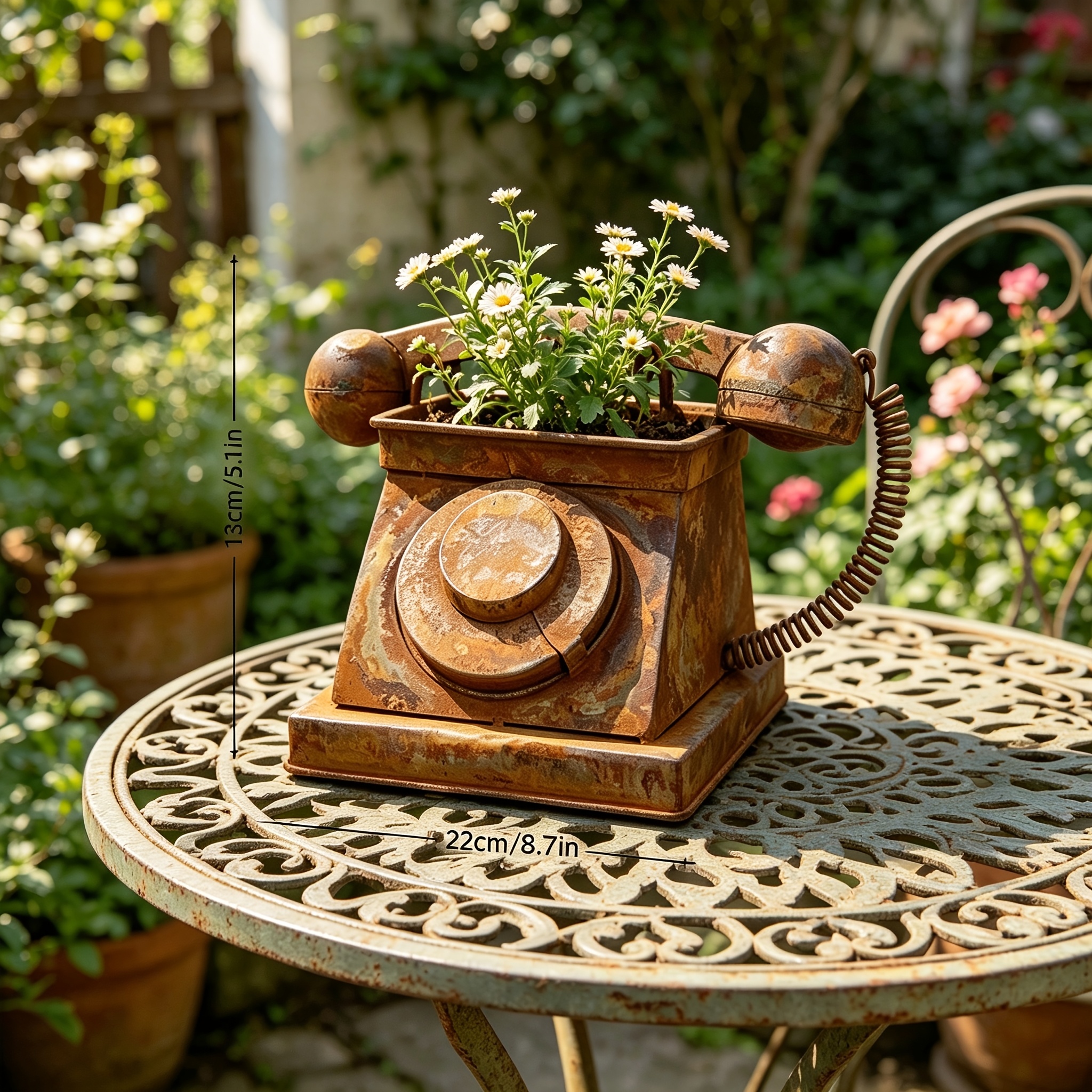 Image of Vintage Rusty Telephone-shaped Flower Pot, Landscape Decoration, Distressed Ironwork Succulent Planter, Outdoor Courtyard Creative Ornament Gardening Gift,home Decor