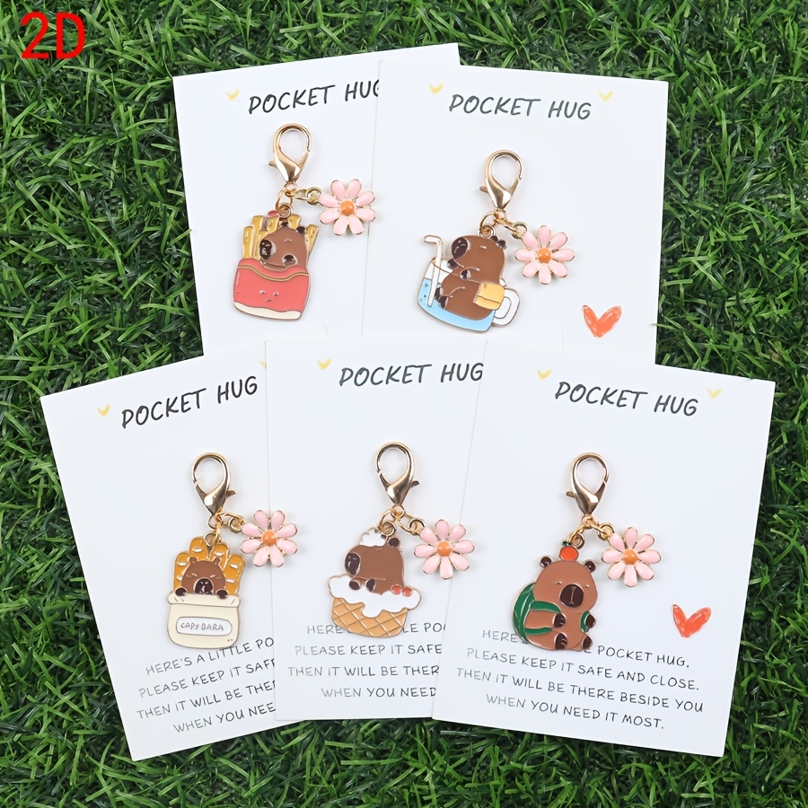 TEMU 2d Flat, 2d 5pcs Cute Capybara With Pocket Hug Greeting Card And Keychain Set For Women. Suitable For Backpacks/school Bags/coin Purses/car