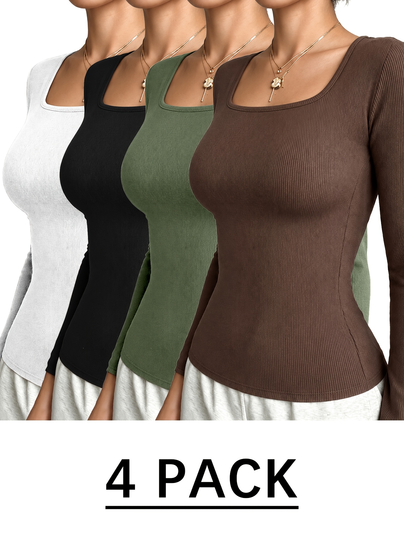 4pcs Set of Autumn Winter Women'S Ribbed Square Neck Regular Shoulder Long Sleeve T-Shirts, Slim Fit And Slimming Fashio