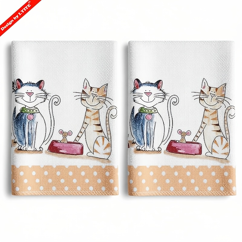 2pcs, Hand Towel, Cartoon Cute Cat Printed Dish Towels, Microfiber Contemporary Super Absorbent Dish Cloths, Tea Towels For Cooking, Baking, Housewarming Gift
