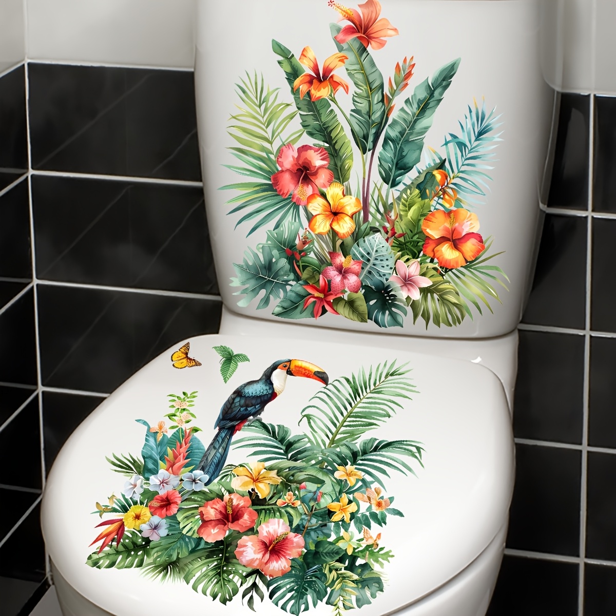 

2pcs Tropical Floral Toilet Seat Decals - Vibrant Bird & , Waterproof Pvc Bathroom Wall Stickers, Self-adhesive Ceramic Surface Decor For A Jungle Theme, Bathroom Decor And Accessories