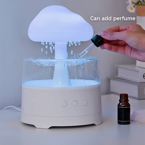 1pc Rain Cloud Aroma Diffuser, 7-Color Mushroom-Shaped Waterfall Night Light with Mist Humidifier and Desk Simulation Water Droplet Sound, USB-Powered (White)