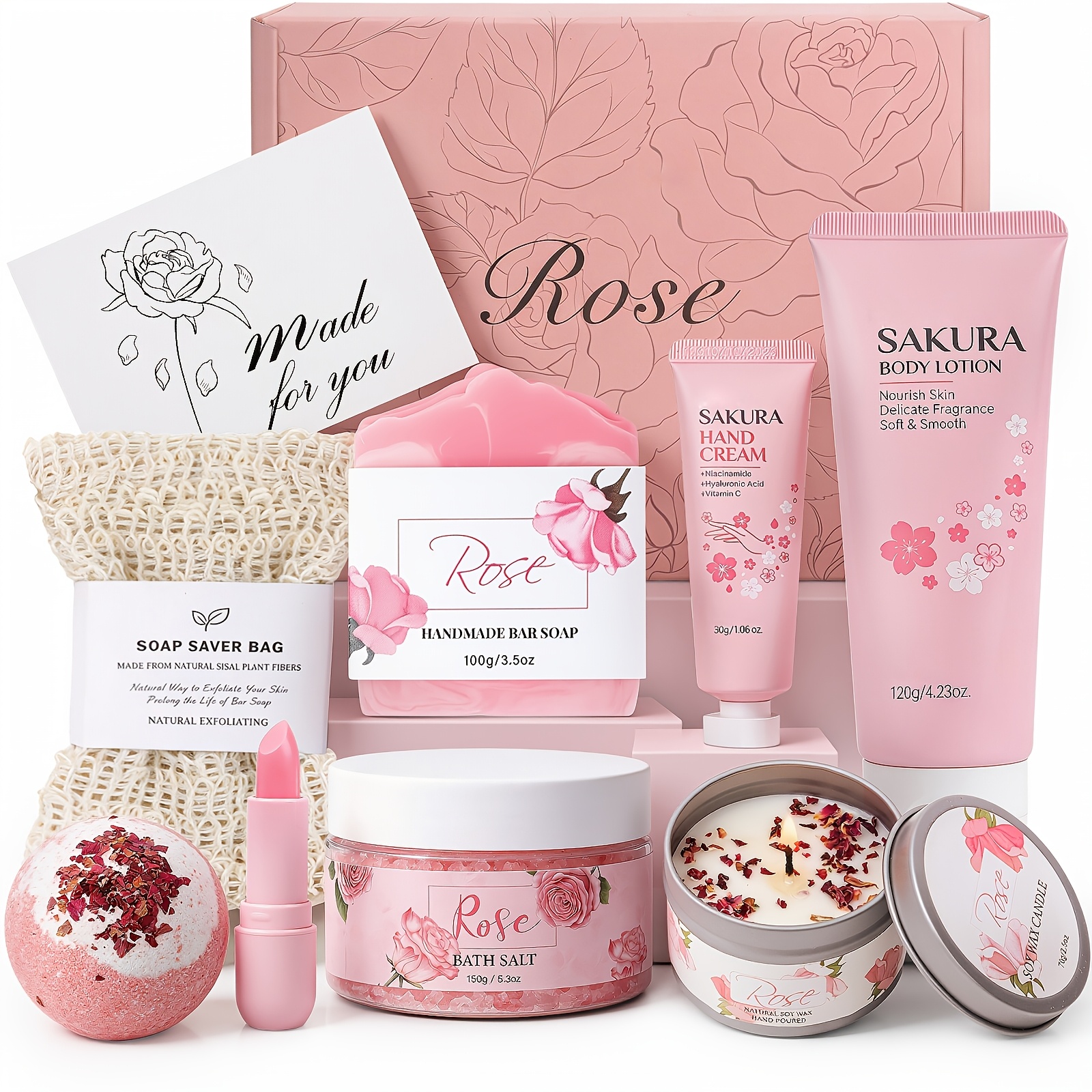 TEMU Luxury Gift Basket Suitable For Women - Bath & Body Care Set With Rose-themed Skincare Products, Self-care Hamper For Mom, Sister, Wife |