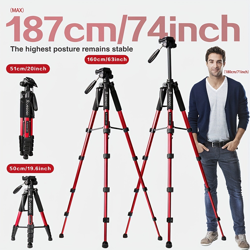 חציל פרופסיונלי 74 אינץ עם ראש כדור 360°, צילום פנורמי, גובה מותאם, חציל מצלמה עם תיק נשיאה למצלמה/אור טבעת/מקרן/טלפון נייד/dslr פרטים 1