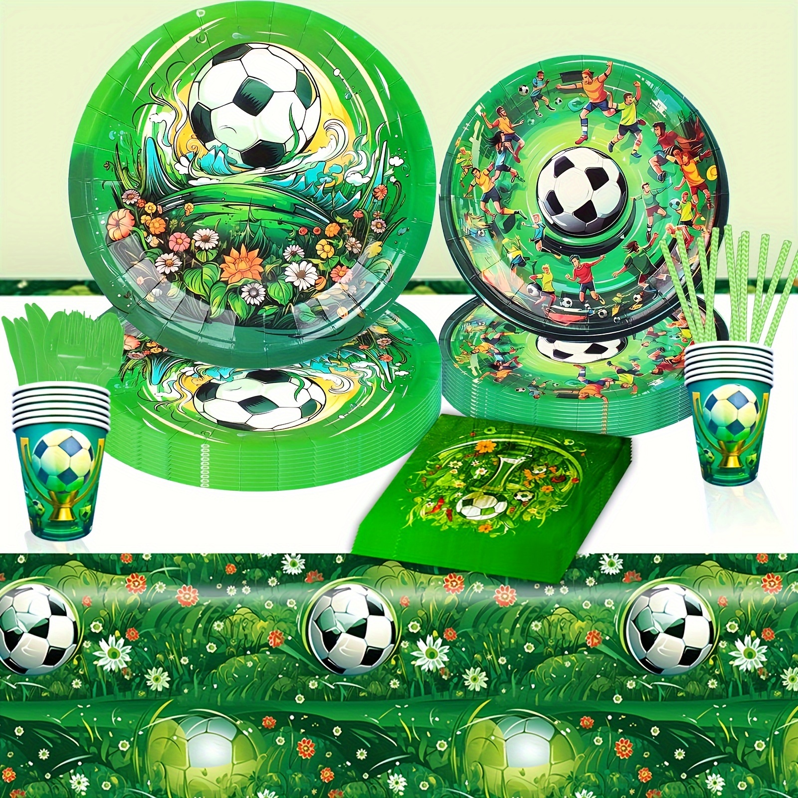 

91pcs Soccer Party Pack - Theme With 7/9" Plates, Cups, Tablecloth & Cutlery For Birthdays, Football